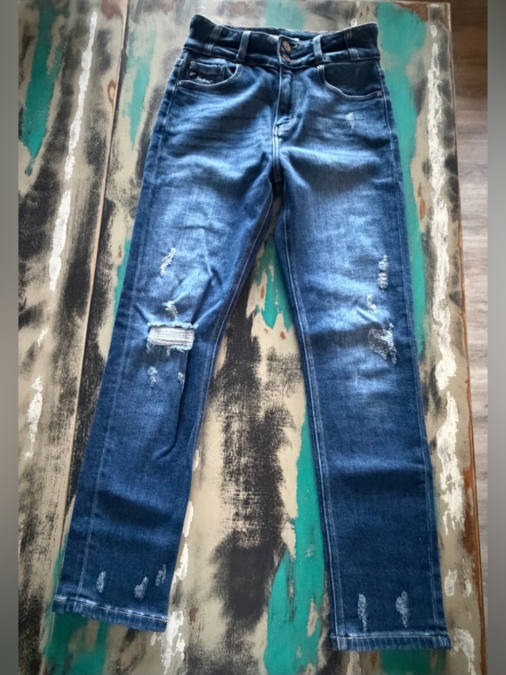KanCan Women’s Distressed High Rise Slim Straight Blue Jeans